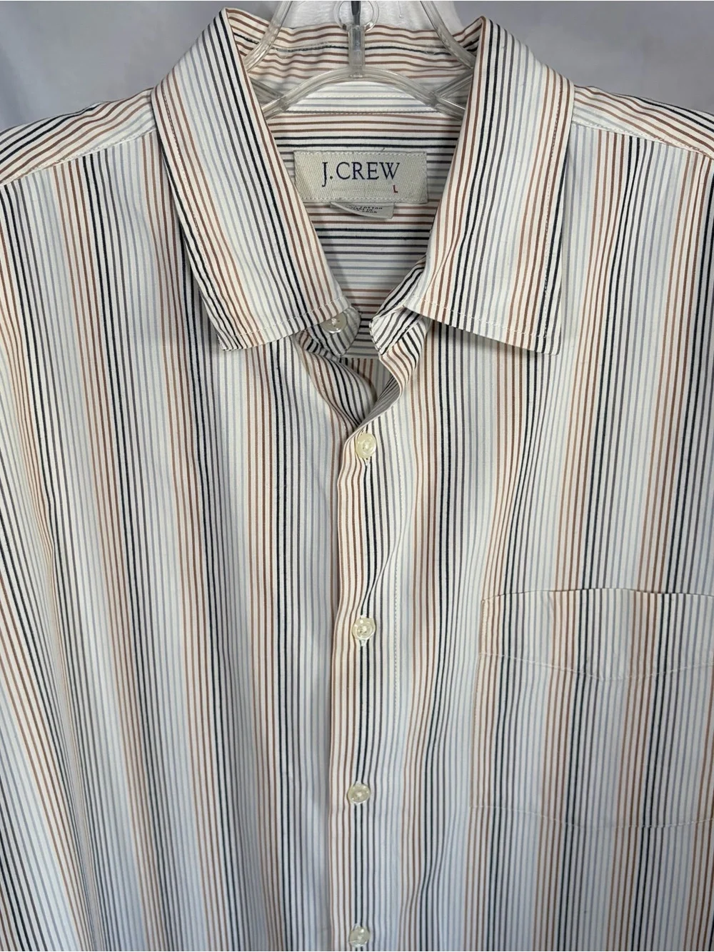 J. Crew Men’s Button-Up Shirt Cream with Gray, Tan, Brown, Black Pinstripes Lrg